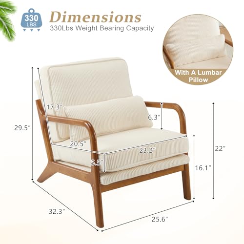 Beige Corduroy Accent Chairs with Lumbar Pillow for Living Room and Bedroom