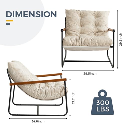 Vintage Beige Velvet Accent Chair with Metal Frame & Wooden Arms